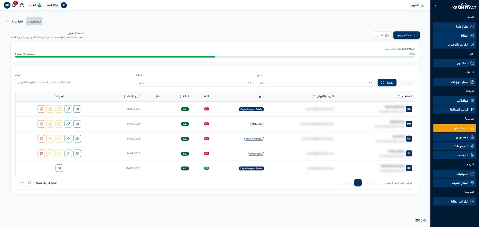شاشة المستخدمين: زرا تصدير ومستخدم جديد في الأعلى، وتحتهما شريط استخدام المقاعد ومربعات البحث والحالة والدور وقائمة المستخدمين