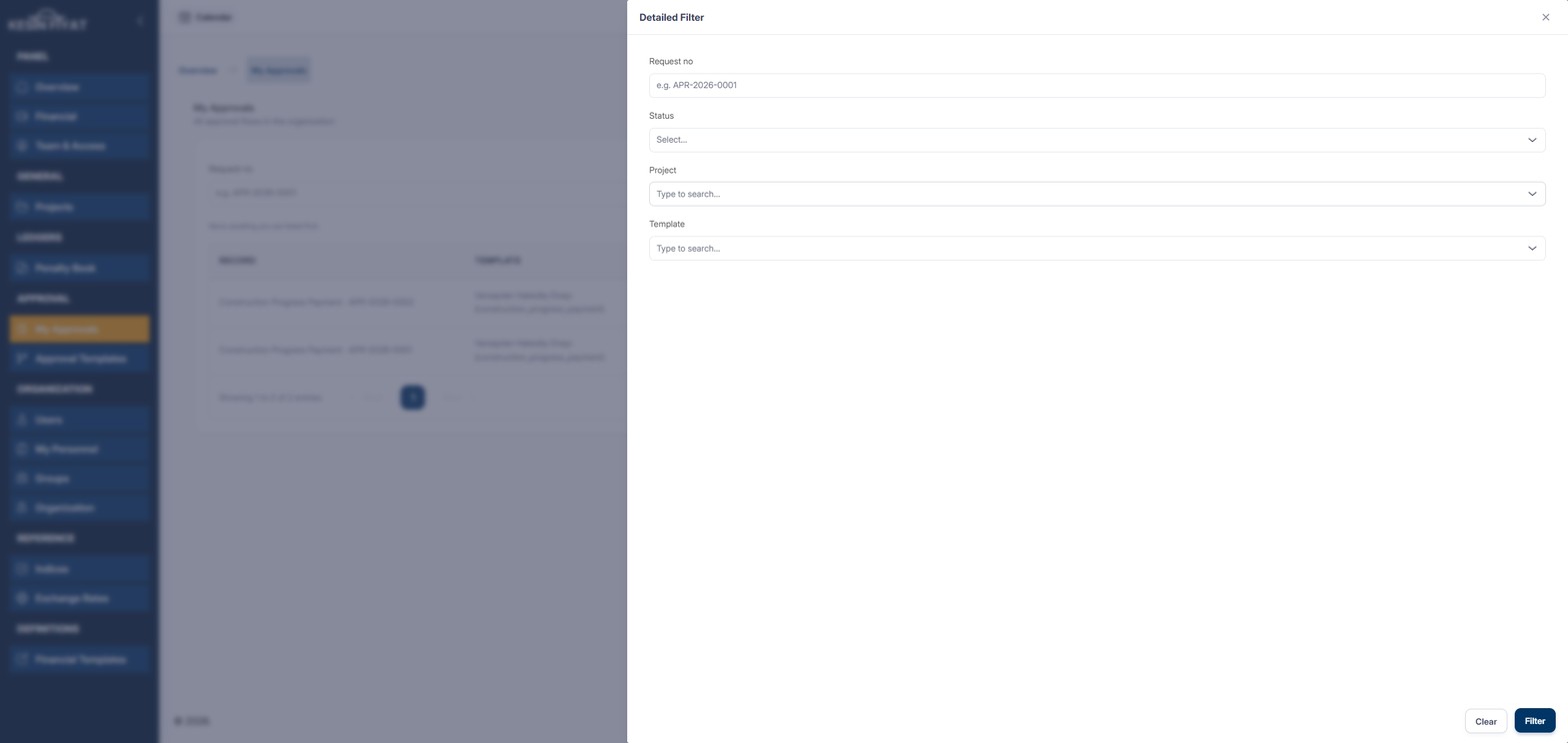 Detailed Filter window: approval number, stage, project and template boxes, with the Clear and Filter buttons at the bottom