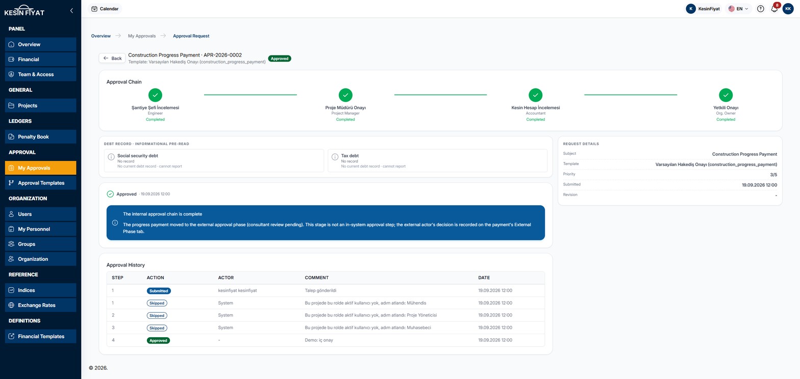 An approved progress payment: the heading and Approved badge at the top, a four-step approval chain, the debt record bar, the result card, the approval history and the details card on the right