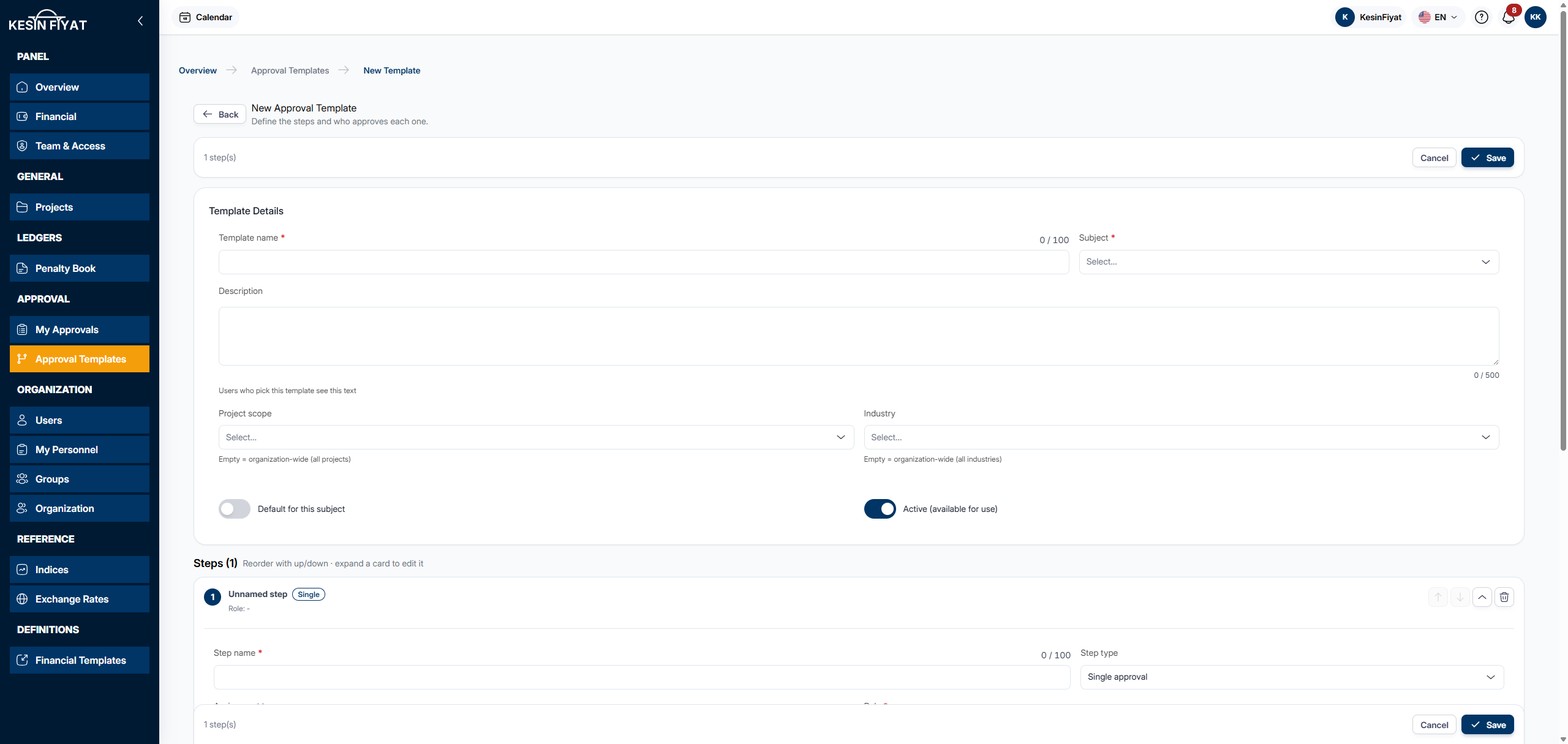 New Approval Template page: the Cancel and Save buttons at the top, the Template Details card with template name, subject, description, project scope, industry and two options, and the first step's card below