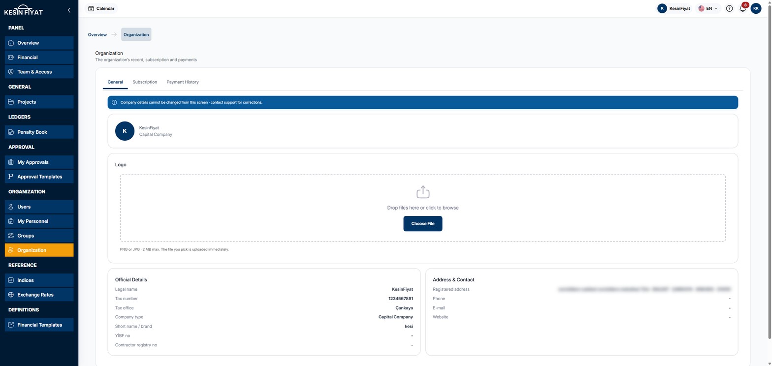 Organization screen, General tab: a blue note saying the company details cannot be changed here, the company name and type, the Logo card, and the Official Details and Address & Contact cards