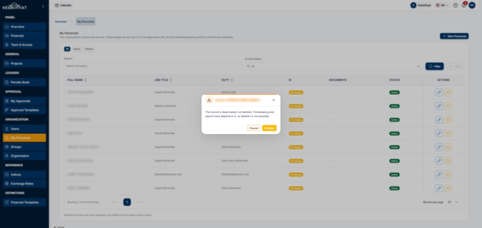 Archive confirmation window: text explaining that the record is made passive, not deleted, and the Cancel and Archive buttons