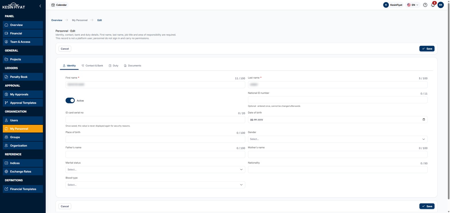 Edit Personnel page: the Identity, Contact & Bank, Duty and Documents tabs, and the Identity tab with first name, last name, the Active switch and the ID boxes