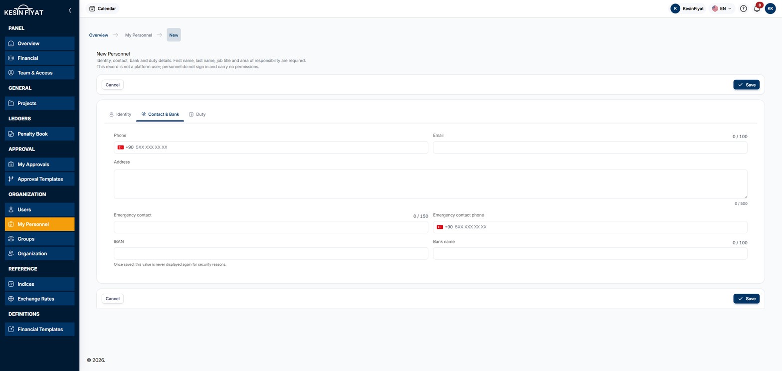 Contact & Bank tab: the phone box starting with +90, email, address, emergency contact and phone, IBAN and bank name boxes