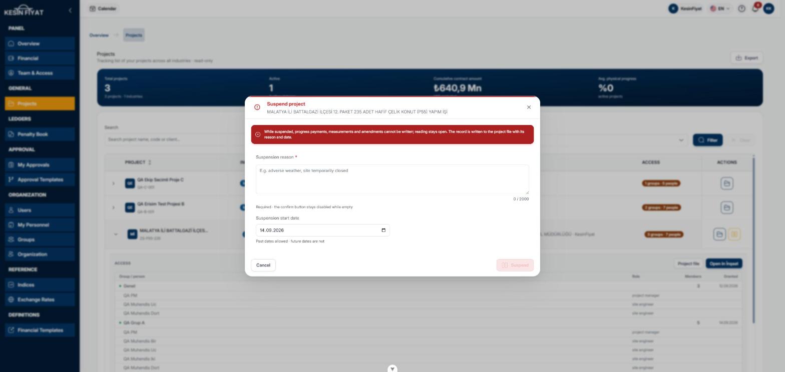Suspend project window: warning text, suspension reason box, start date, and the Cancel and Suspend buttons