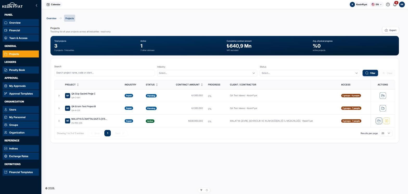 Projects screen: summary card at the top, search and selection boxes below it, project list at the bottom
