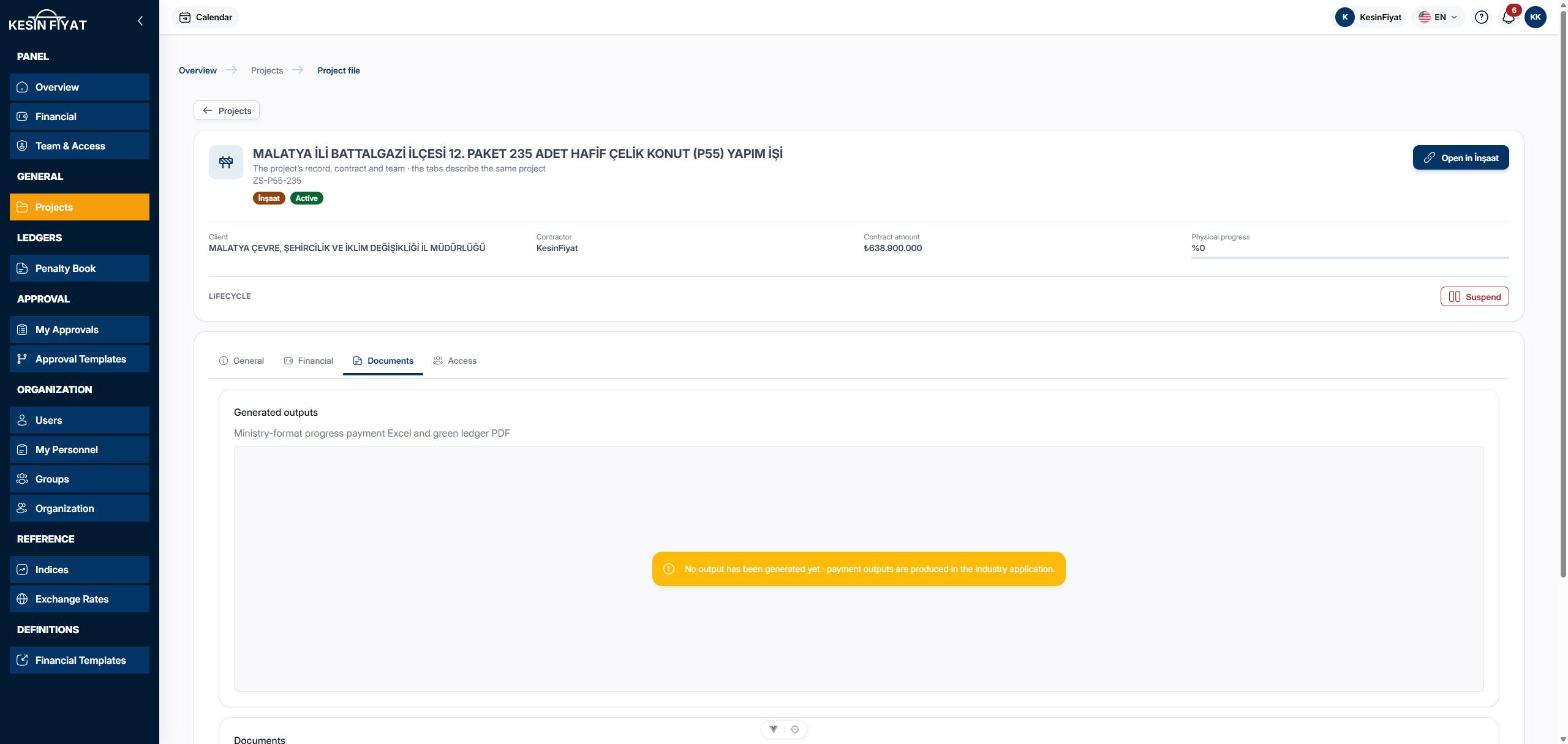 Documents tab: the Generated outputs table and a note saying no output has been generated yet