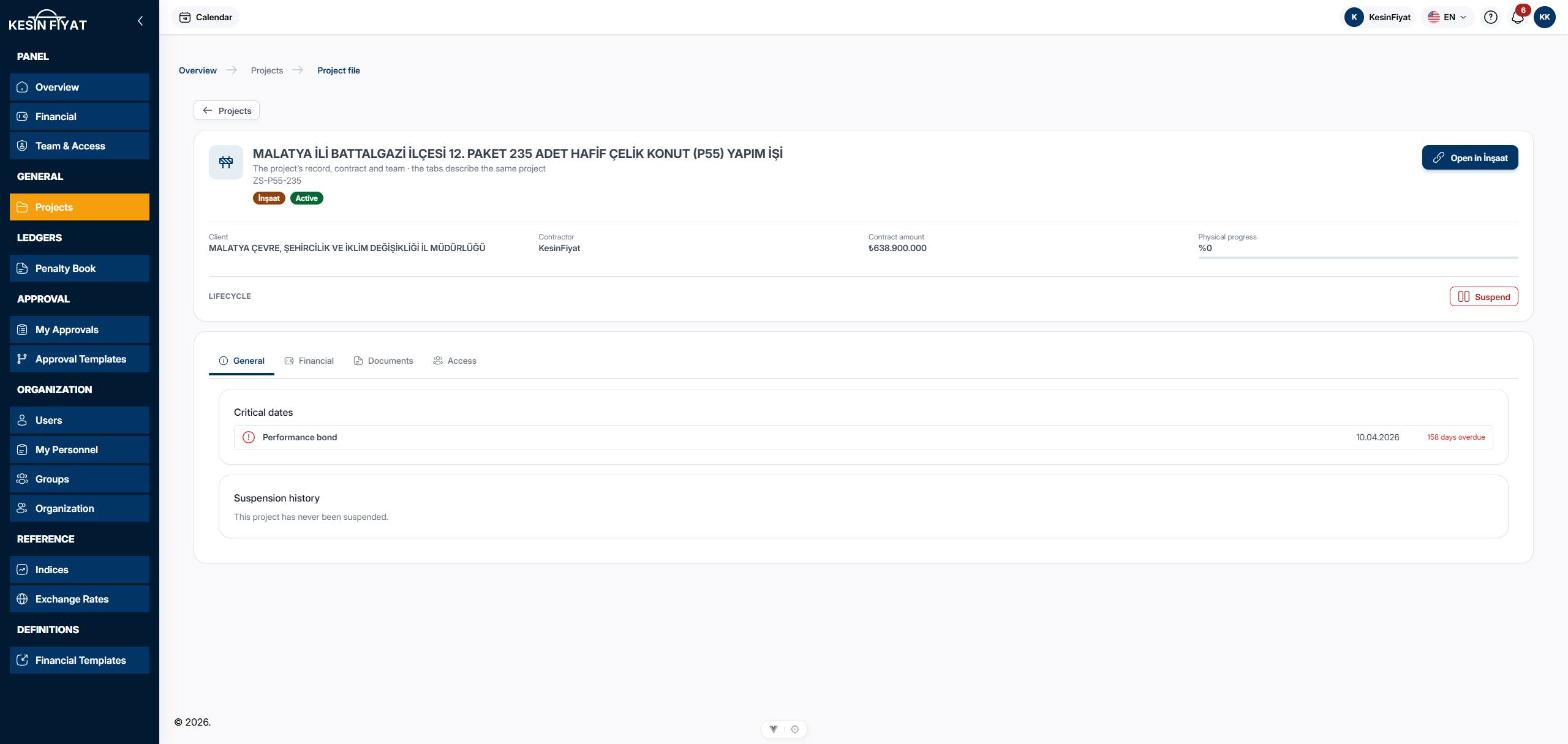 General tab of the project file: the record with the Suspend button at the top, critical dates and suspension history below