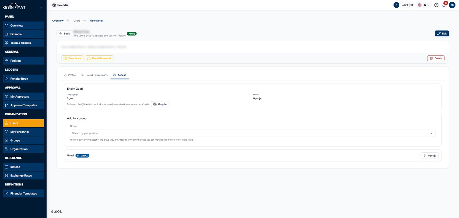 Access tab: the access summary card with 1 group and 0 projects, the Add to a group card below, and the Genel group's card at the bottom