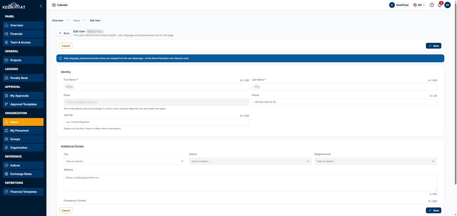 Edit User page: Cancel and Save buttons at the top, the Identity card with first name, last name, the closed e-mail box, phone and job title, and the Additional Details card with city, district, neighborhood and address below
