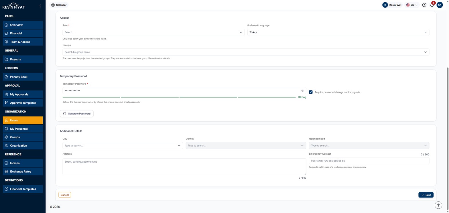 Lower part of the New User page: the Temporary Password card with the Generate Password button, and the Additional Details card with city, district, neighborhood, address and emergency contact