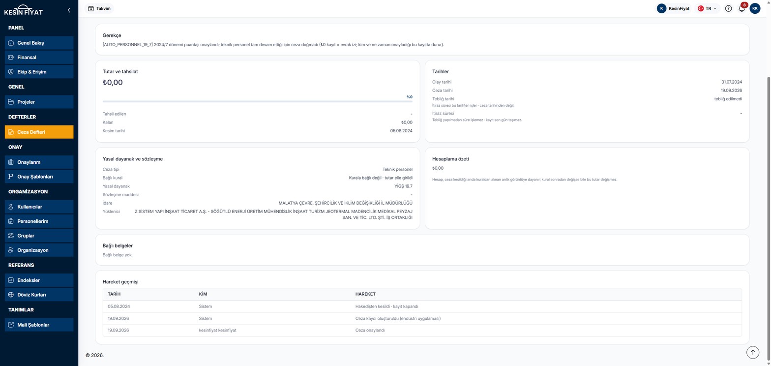 Ceza sayfasının alt bölümü: bağlı belgeler kartı ve tarih, kim, hareket sütunlarıyla hareket geçmişi